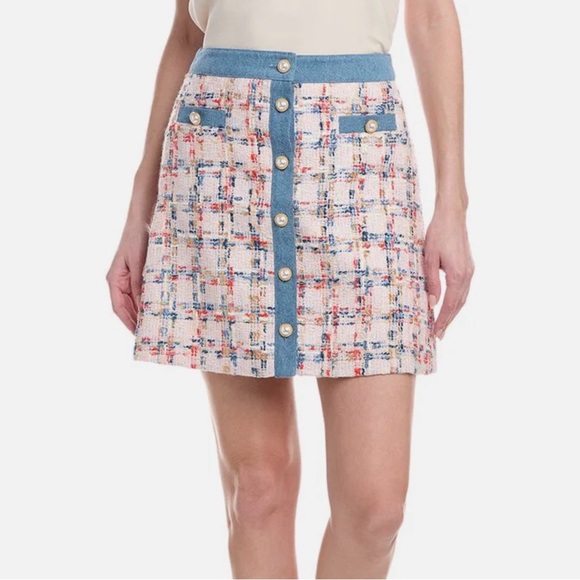 Nanette Lepore Dresses & Skirts - Nanette Lepore Multicolor Tweed Skirt with Blue Accents Faux Pearl Button Front